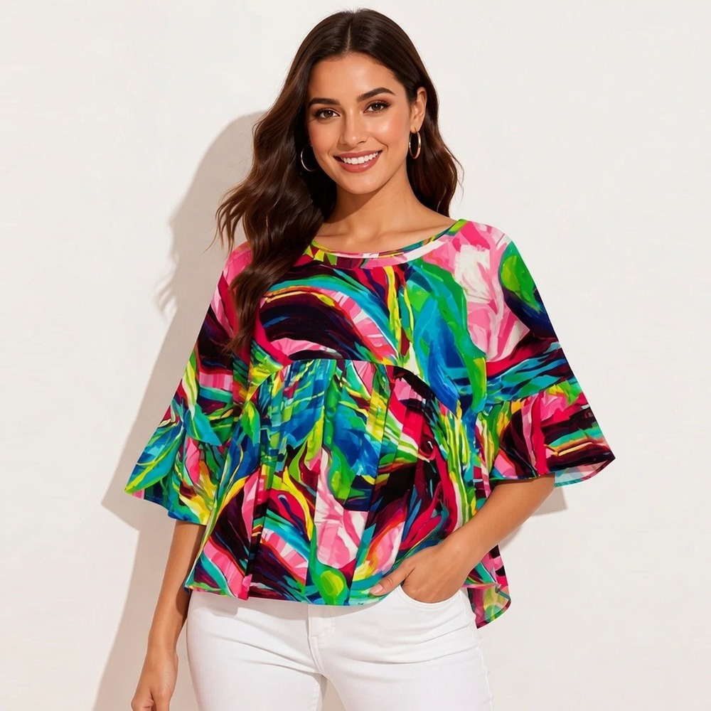 SOL R.N.R. Abstract Print Babydoll‎ Top Womens Large Multicolor Bell Sleeve Boho